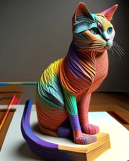3d statue of a cat made of color pencils