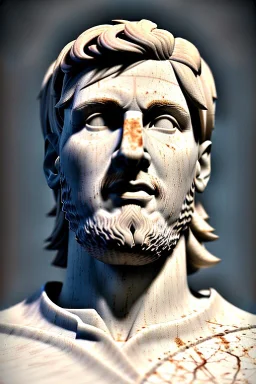 Ultra Realistic image, Roman sculpture, white marble material, Lionel Messi, gold sun radial crown, chisel style, waist up portrait, epic, celestial, cinematic lighting, God light, god rays, 4k resolution, smooth details, ornate details, soft lighting, unreal engine 5, marble background.