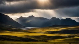 Mountainous landscape on Kerguelen, dramatic sunlight, chiaroscuro, beautiful composition