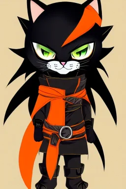 cat 2d, knight, ninja, black fur,full body, orange torn coat,game character, strong, anime, chibi