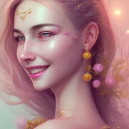 fairy, pink, blue, beautiful, happy smile, gold, jewels, hyperrealism, masterpiece, expert, cinematic lighting, sharp focus, 8K, pastel, macro lens, woman, detailed, flower