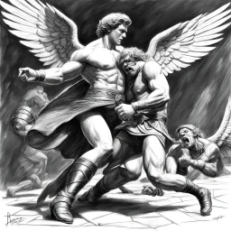 (black and white traditional pencil sketch digital drawing on paper by Ray Harryhausen) Jacob wrestling with angel