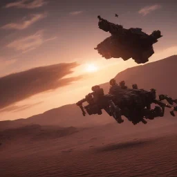 Armored Core machine robot fights another Armored Core fly in the sky in the desert with the ocean where you can see the space in the sky with the twilight on the horizon, 4k resolution