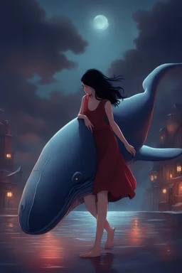 A girl wearing a dark red dress and long black hair walks on the back of a blue whale at night