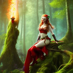 romantic fantasy spray painting, portrait of cute smiling green eyed red head robed elf poet ,sitting on a branch, loosing torch in magical forest by waterfall