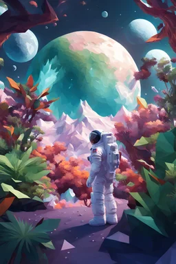 (((close midshot))), (((low poly art:2))), (astronaut), ultra-detailed illustration of an environment on a dangerous:1.2 exotic planet with plants and wild (animals:1.5), (vast open world), astronomer inspired, highest quality, no lines, no outlines candid photography.