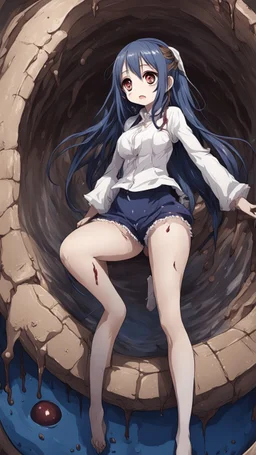 Anime girl with big eyes, darkblue and sepia tones, fullbody, slime, the perspective looking up from the bottom of an empty well, rolling eyes, tongue out, blood drip, open mouth, big thighs, long hair white,