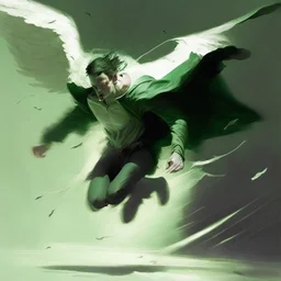 angel hombre caido enojado volando a gran velocidad hacia arriba con piel verde palido y vestuduras negras