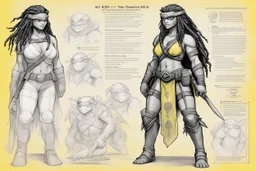 character concept sheet with AD&D statistics and characteristics, [high res pen sketch with a lot of strokes in stippling for TMNT module B3] Mona Lisa female Teenage Mutant Ninja Turtle, She has turtle skin partially made of scales, dreadlocks, and wears a yellow bra and a yellow eye mask. A protective shell is on her back, and she holds her bolas.