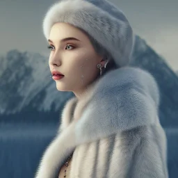 Woman in fur coat, ice, blue, forest, snow, beautiful, mountain, masterpiece, expert, 8K, hyperrealism, sharp focus, cinematic lighting