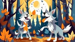 fantasy cartoon style illustration: happy wolves are singing in the woods