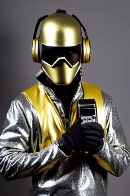 Metallic Cyber-punk style man with a camera-mask and old AKG-style headphones with golden. Large fencing mask covers man's cheeks. Man in good body shape. Reflective plastic body surface, golden skin, full-coverage. Body and Head full of integrated old-fashioned cameras and an old telephone. Silver to black latex surfaces body. Perfect body. Equations, Euclidean 3D-tiling, Escher tiling. 1996. Cables in head. Daft Punk. Matrix black leather jacket with a Hood. Chains.