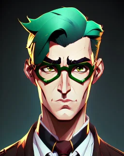 Fit man in round glasses, wavy hair, stubble, slim, tie, monotone, green eyes, comic book style, two tone colours, detailed, ink, realistic, handsome, square jaw, big brows, no jacket, bird on the shoulder, spotlight