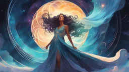 A cosmic goddess emerging from a swirling nebula, eyes filled with ancient wisdom and starlight, hair cascading like liquid galaxies adorned with shimmering constellations, dressed in a flowing, star-studded gown. A digital painting in the style of Alphonse Mucha, Syd Mead and Simon Stalenhag, with luminous brushstrokes, intricate detail and volumetric lighting, mixing elements of Art Nouveau and science fiction, hyper-detailed, ethereal and divine. masterpiece, 8k resolution, dark fantasy conce