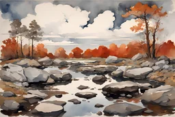 Clouds, rocks, puddle, rocky spring land, fantasy, beyond and trascendent influence, winslow homer watercolor paintings