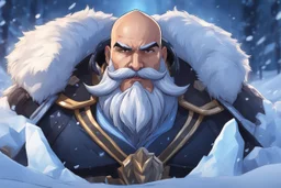 Happy Braum in 8k solo leveling shadow drawing style, big Moustache, Bald, ice winter, intricate details, highly detailed, high details, detailed portrait, masterpiece,ultra detailed, ultra quality