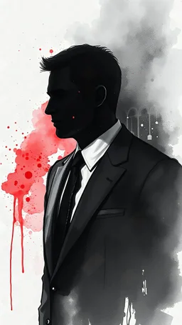 A hidden gentleman in a business suit looking of to the side, face hidden, black and white image with stark contrast and a splash of red, from a watercolor painting