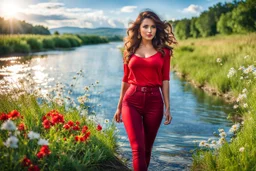 beautiful girl supper model, in nice red top ,blue pants, with curvy hair,perfect face,perfect eyes,country side wavy narrow river ,wild flowers ,blue sky nice clouds,walk in water