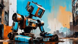 urban decay and crazy rusty scrappy robot drinking coffee, pseudo photo-realism, negative space, amazing reflections, excellent parallels, great verticals, juxtaposition shock, wet print, ink leak, colors of light sky blue and beige and black, whole body visible