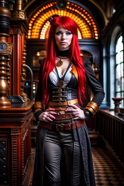 full body and headshot of a skinny Cleopatra, with long straight red hair, dressed as an assassin standing in a steampunk setting.