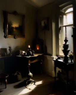 A dark witch's room with a shadow cauldron painted by John Singer Sargent