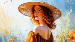 Vintage art, brown and orange shades, sunny day, straw hat for woman, summer dress, splashes of art, in the style of Dante Gabriel Rossetti, Yossi Kotler, Camilla D'Errico, masterpiece, fine art in the style of Carne Griffiths, Paula Hoppe