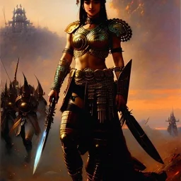 portrait ' beautiful busty Female Warrior',ancient metal armor and Helmet ,painting by gaston bussiere, greg rutkowski, yoji shinkawa, yoshitaka amano, tsutomu nihei, donato giancola, tim hildebrandt, oil on canvas, cinematic composition, extreme detail,fit full head inside picture,16k