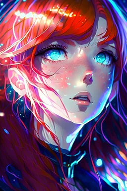 dramatic close-up portrait hologram in the realistic anime style of Mophea Fiverr, a beautiful red haired anime girl , suspended in mid-air within a mesmerizing display of a gallery, dramatic, dark and emo, mesmerizing and striking