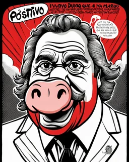 Iván Duque Márquez with a pig's nose, like a title managed with strings by a great hand. With the text: "POSITIVO PARA PEGASUS" Red, black and white colors. Cómic art.