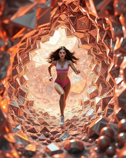 make a picture pretty crystal CIFI cave made of and metallic 3d fractal recursive cubic and sphere base structures and a beautiful fashion model lady with cute,curvy long hair,makeup, in pretty sports suit is running inside cave ,dynamic camera fallow her inside cave capturing full body, dynamic lights.