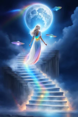 fantastic,Beautiful woman, stairway to heaven whit rainbow, ufos arc en ciel futuriste très beau