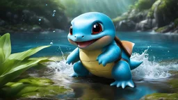 (masterpiece), Squirtle in the nature, water from his mouth, dim light, cute, splash, ultra realistic, HDR, intricate details,