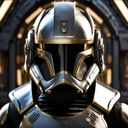 star wars bald male corellian pilot wearing pearlescent black and gunmetal grey First Order special forces heavy assault armor and helmet with gold trim inside the jedi temple, centered portrait, hyperdetailed, dynamic lighting, hyperdetailed background, 8k resolution, volumetric lighting, light skin, fully symmetric details