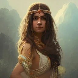  Indian princess , cute, beautiful, long hair, head and shoulders portrait, cinematic, 8k, resolution concept art portrait by Greg Rutkowski, Artgerm, WLOP, Alphonse Mucha dynamic lighting hyperdetailed intricately detailed