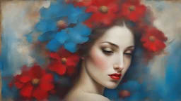 old painting, torn edges, blue, WOMAN, love, red heart, light, flower, double exposure, abstract surreal portrait, oil painting in impressionism, large strokes, airbrush effect, textured painting, antique style, vintage, semi-abstract, semi-realistic, surreal .