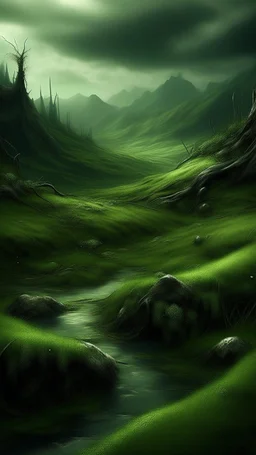 epic fantasy landscape mostly lush green with small area of dark evil swampland on one side