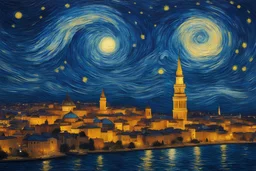 Vincent Van Gogh's Starry Night and Istanbul's iconic cityscape with the majestic Galata Tower capture the spirit of Van Gogh's swirling, expressive night sky, blending seamlessly with the captivating silhouette of Istanbul's historic architecture, The city's skyline, adorned with the signature Galata Tower, should rise majestically amid a cosmic dance of stars and swirling stars, Infuse the composition with Van Gogh's vibrant color palette, emphasizing the harmony between the celestial and eart