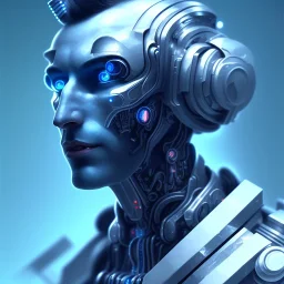A beautiful portrait of a cute cyborg man blue color scheme, high key lighting, volumetric light high details with white stripes and indian paterns and wimgs