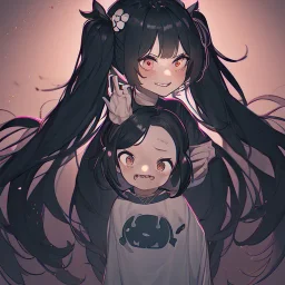 Clear focus, High resolution, rough line art, cute, cartoon, one side is a fluff cut, one side does not have hair but it does have one piece of hair that is medium length and sharp, both sides have medium length sharp locks on each side of her head, long twintails, smooth twintails, black hair, 1girl, (solo), grey eyes