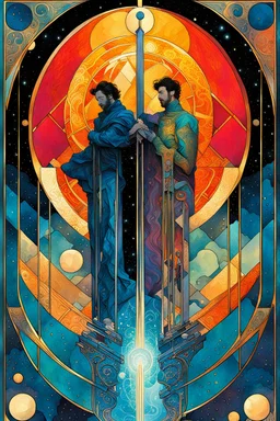 Create a chaotic abstract cubist Tarot Card depicting The Two of Swords , in the style of Bill Sienkiewicz, Philippe Druillet, Gustav Klimt, Alphonse Mucha, and Jean Giraud Moebius, precisely drawn, colored and inked, in muted colors, with ornate bordered edges