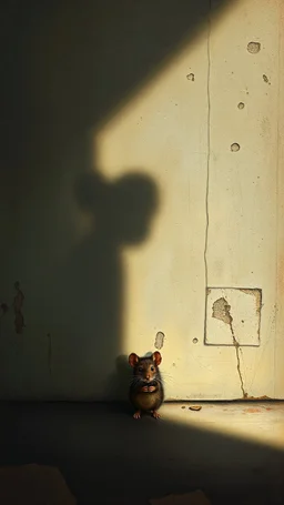 Bosch painting style, nightmare , a very small mouse standing in front ot the wall, a very big shadow of the mouse on the wall