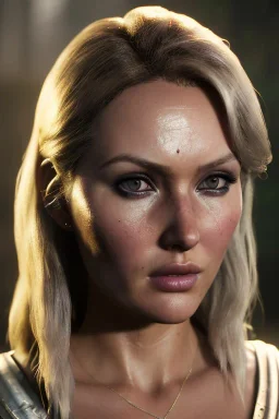 Camilla luddington face, big busty hitomi tanaka, texture skin,Crystal yellow eyes, long white hair, wearing The Lara Croft, realistic, 4k, intricate, best quality, fog particles, fire particles, octane render, vray, sword fire, rain