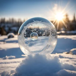 Frozen bubble in front of a snowy landscape, the bubble has wonderful icecrystals and the sun is shining, frozen, cold outside, swirley golden and silver lines,