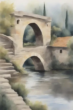 Classic picture of a stone bridge in Italian village watercolours