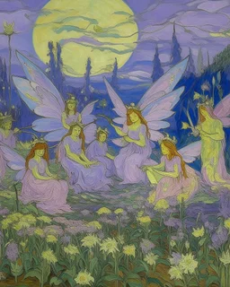 A light purple kingdom with fairies painted by Vincent van Gogh