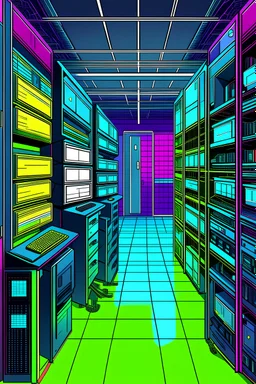 Data recovery software and hardware server room cyberpunk, rappresent all with baizer lines, and made it like toon colorized vivid