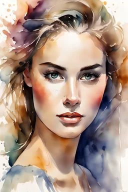 watercolor painting of a beautiful of a 25 year old woman, realistic skin texture, looking into the camera, Anna Razumovskaya style, atmospheric light, realistic colors
