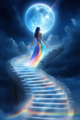 fantastic,Beautiful woman, stairway to heaven whit rainbow, ufos futuriste très beau