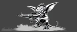 air brush 3d with pen outline, mongrel goblin gremlin holding uzi, charcoal border