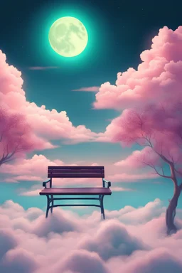 park bench hovering in the sky above the clouds, Neon Moon Pastel Retro City. Plain